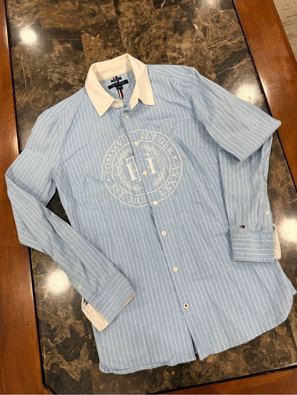 Tommy Hilfiger Light Blue Pinstripe Shirt with White Collar
